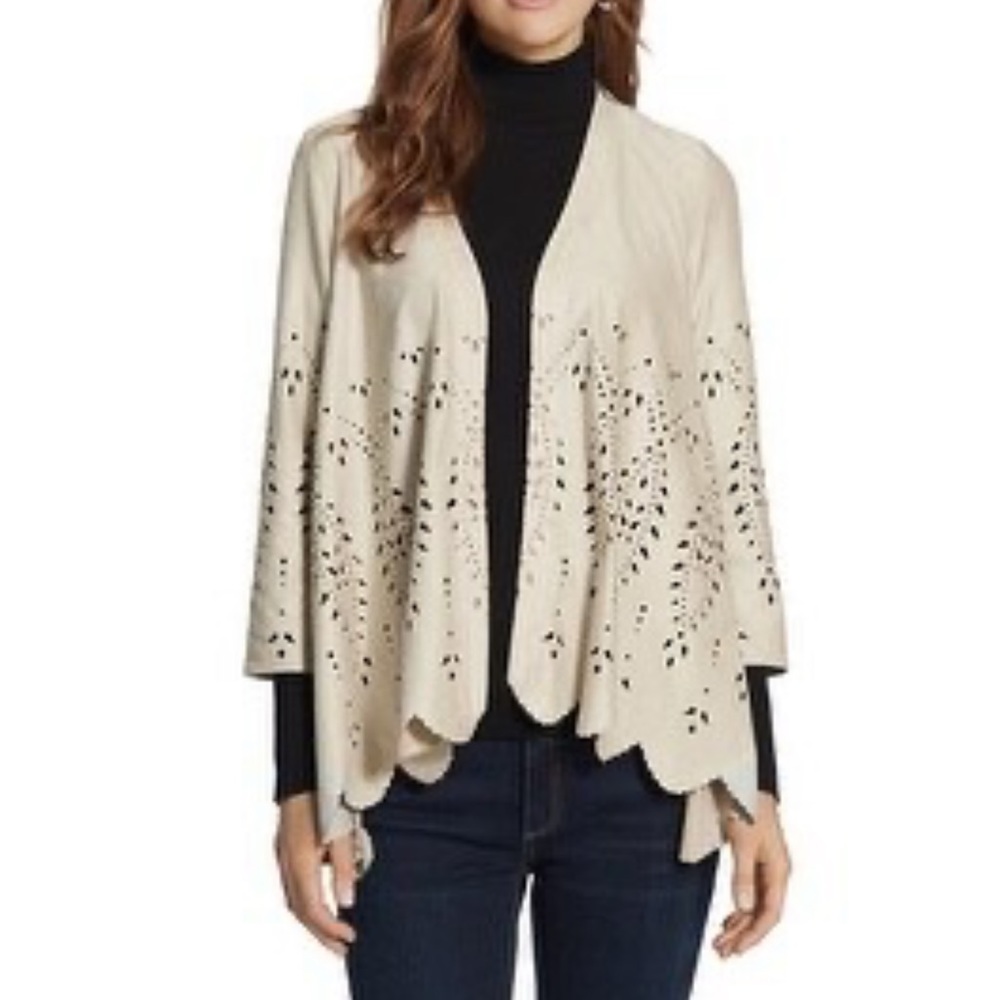Chico’s taupe Micro suede laser cut cardigan Faux-Suede Cutwork Jacket